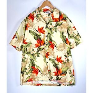 Pacific Legend Hawaiian Shirt‎ Mens XL Cream Bird of Paradise Floral Aloha